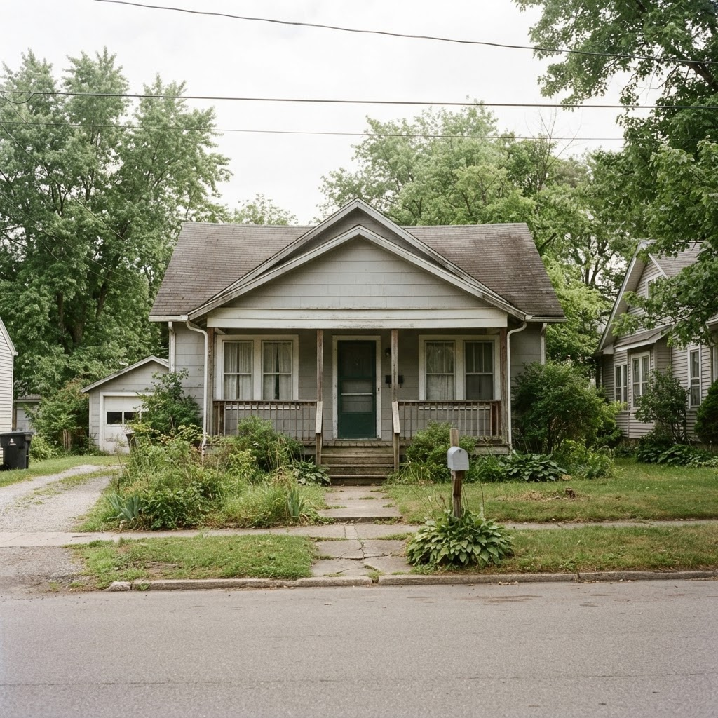 The exterior of a modest older suburban single-family home on a quiet residential street.